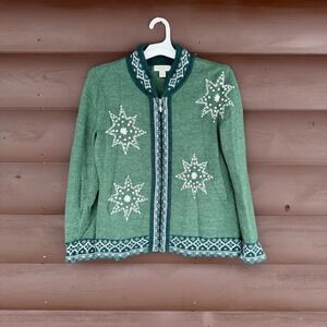 Appleseed's PM Green Lambswool Snowflake Sweater Zippered Long-Sleeve Cardigan